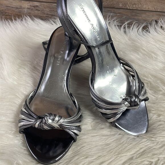 Etienne Aigner Peep Toe Strappy Heels Size Sz 7M Silver and Black NWOT Old Stock - Picture 3 of 10